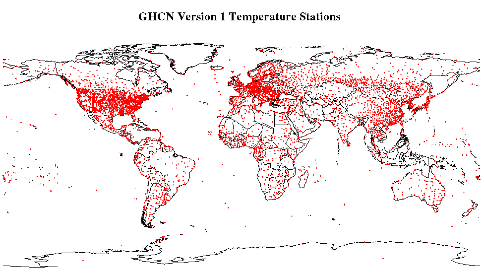 location of temperature stations in GHCN v1