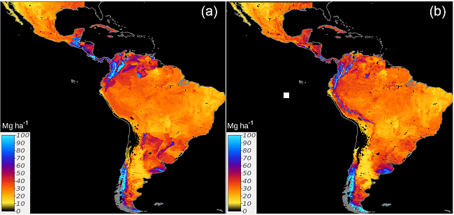 Country-specific (a) and regional (b) predictions of SOC across Latin America based on a linear ensemble of methods. The units are presented in units of Mg per ha for visualization purposes. The data provided with the dataset are in units of kg per m2. Image is from Guevara et al. (2018).