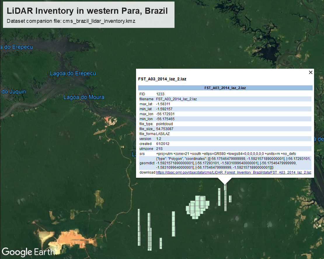 Bounding boxes for LiDAR tiles from surveys over western Para, Brazil are depicted in Google Earth from the KMZ companion file. Each feature in the KMZ provides key metadata about the corresponding tile.