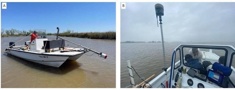 Photos showing ADCP instrument mounted on front or side of boat.