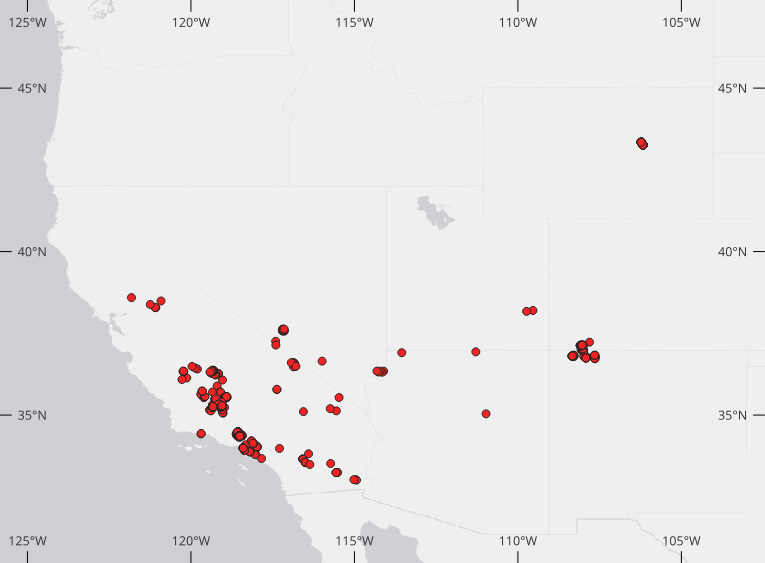 Map of HyTES flights 2013-2016