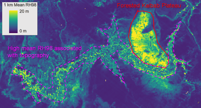 Figure 3 The influence of topography on 1 km mean GEDI RH98. High mean RH98 values correspond with Ponderosa Pine forest on the Kaibab Plateau, but also with steep/rough slopes of the Grand Canyon in Arizona, USA.