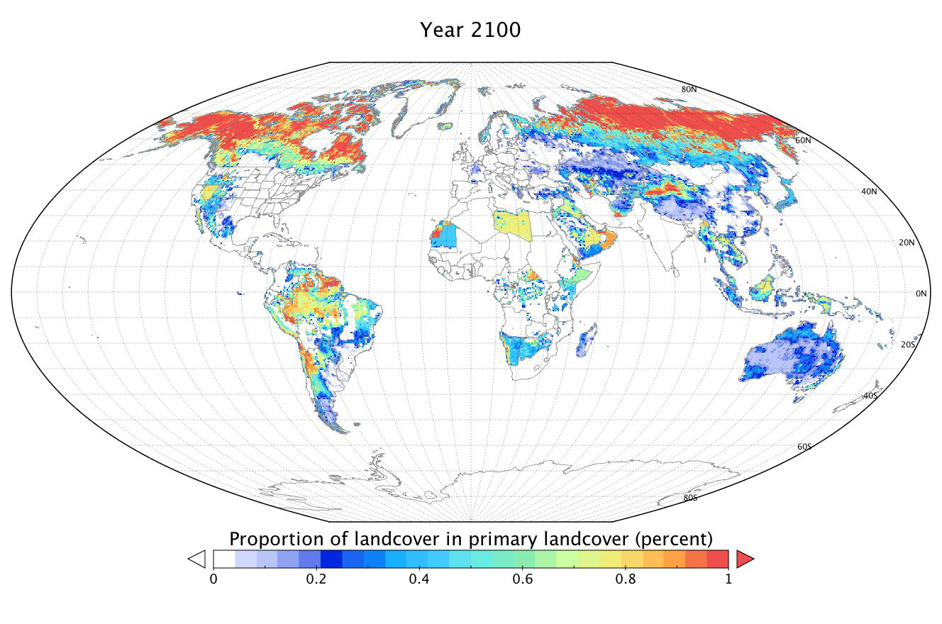 Proportion of landcover in primary landcover projected to year 2100