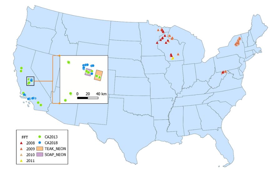 Locations of sites providing training data